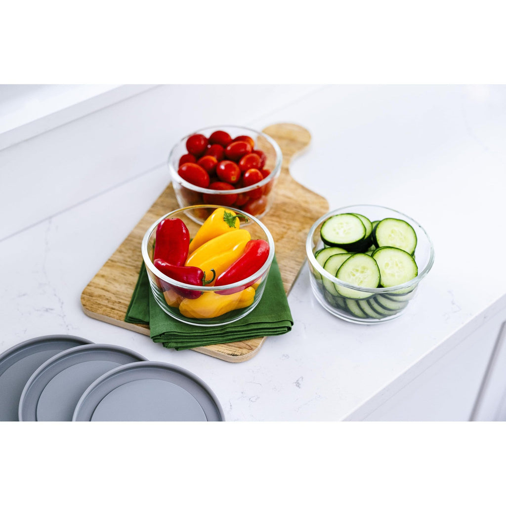6 Piece Set (2 Cup / 16Oz) Round Glass Storage Containers With Lids, Grey