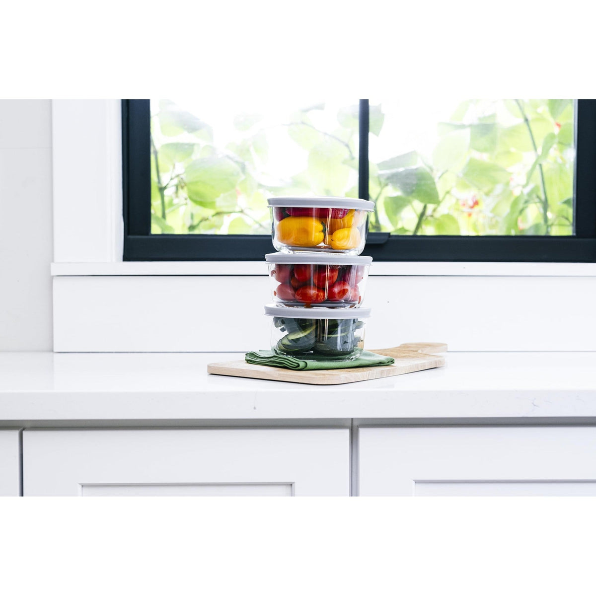 6 Piece Set (2 Cup / 16Oz) Round Glass Storage Containers With Lids, Grey
