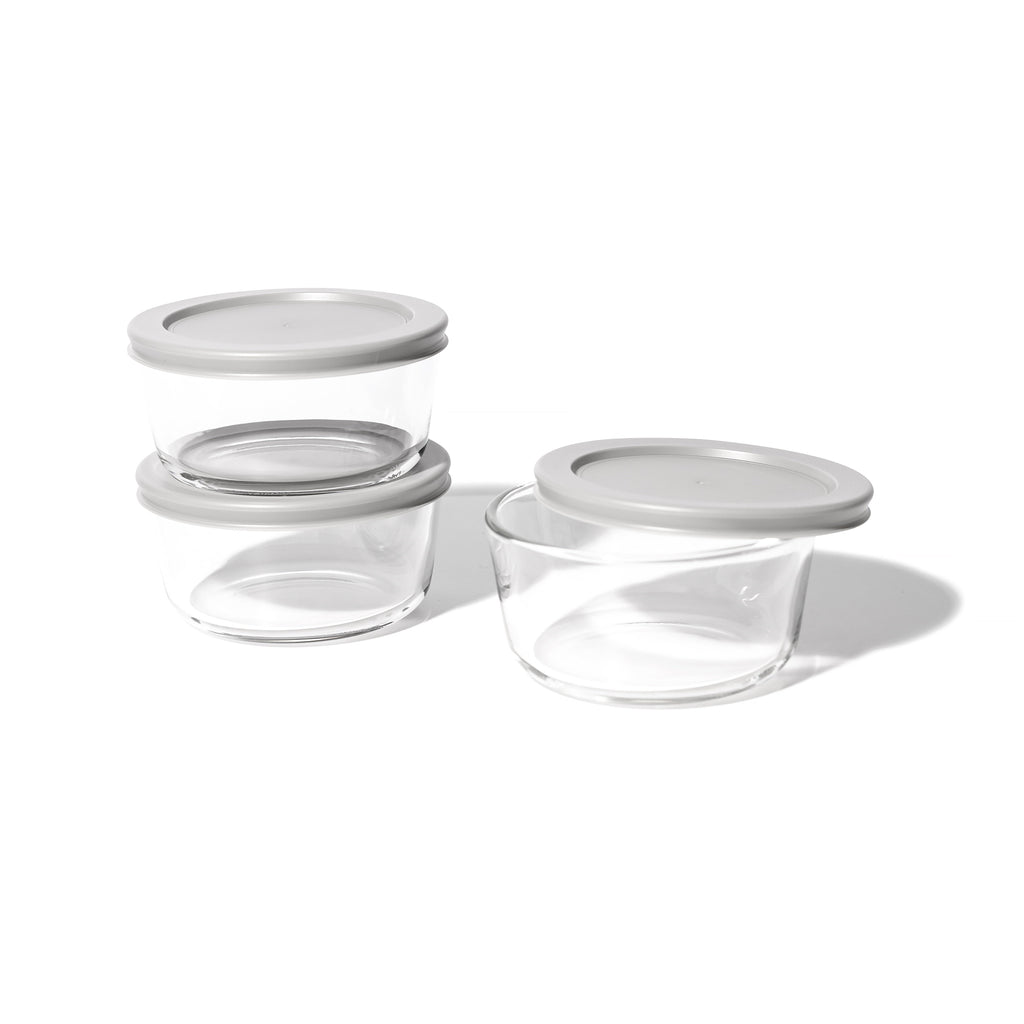 6 Piece Set (2 Cup / 16Oz) Round Glass Storage Containers With Lids, Grey