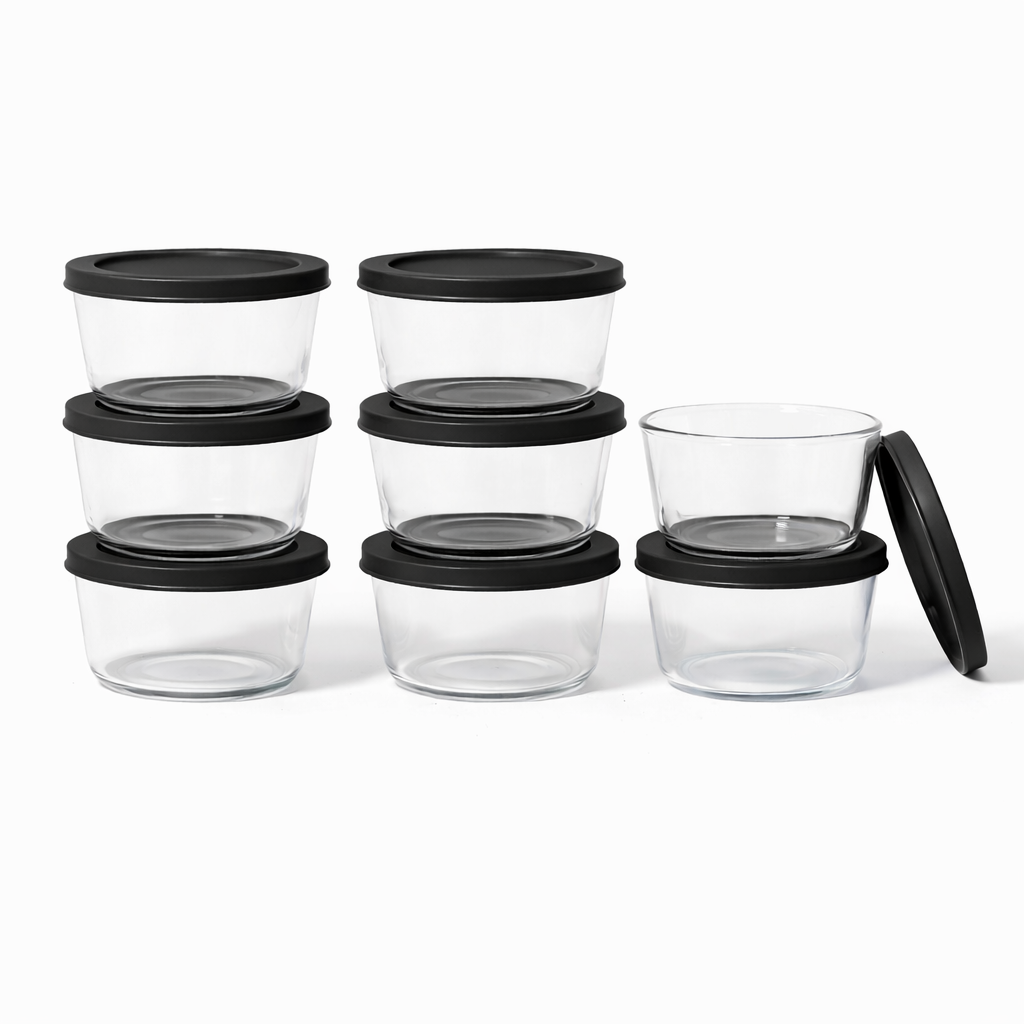 16 Piece Set (1 Cup / 8Oz)  Round Glass Storage Containers With Lids, Black