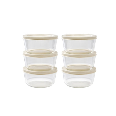 6 Piece Set (2 Cup / 16Oz)  Round Glass Storage Containers With Lids, Warm Beige