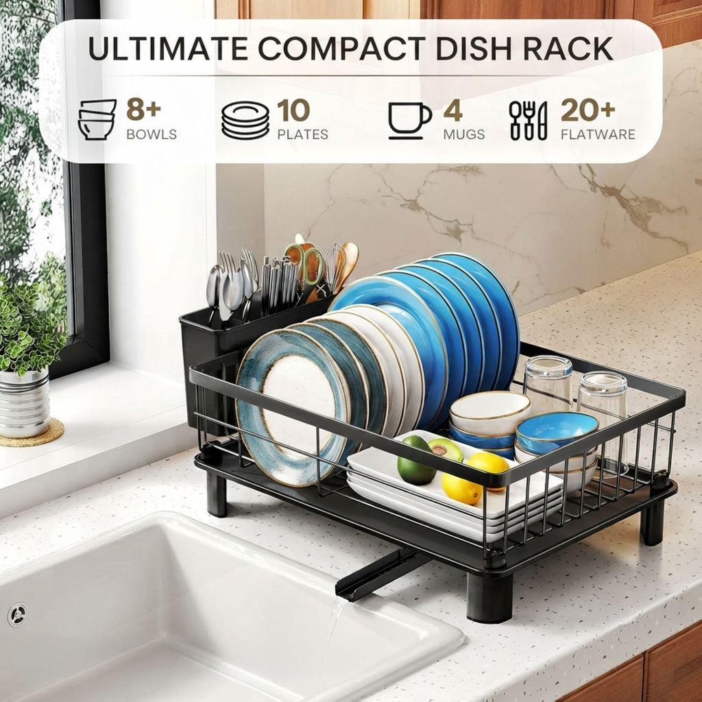Dish Drying Rack with Drainboard and Utensil Holder - Black