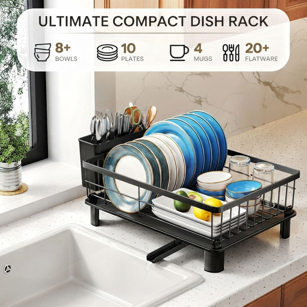 Dish Drying Rack with Drainboard and Utensil Holder - Black