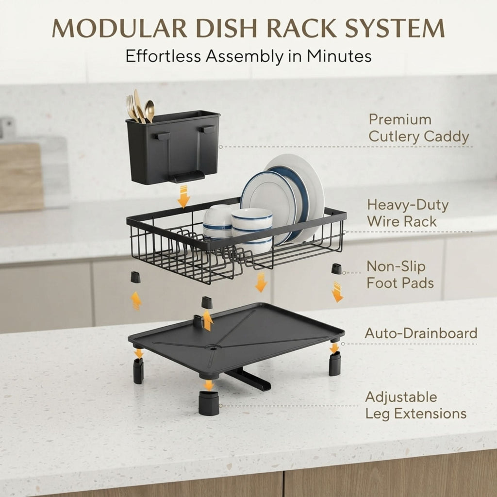 Dish Drying Rack with Drainboard and Utensil Holder - Black