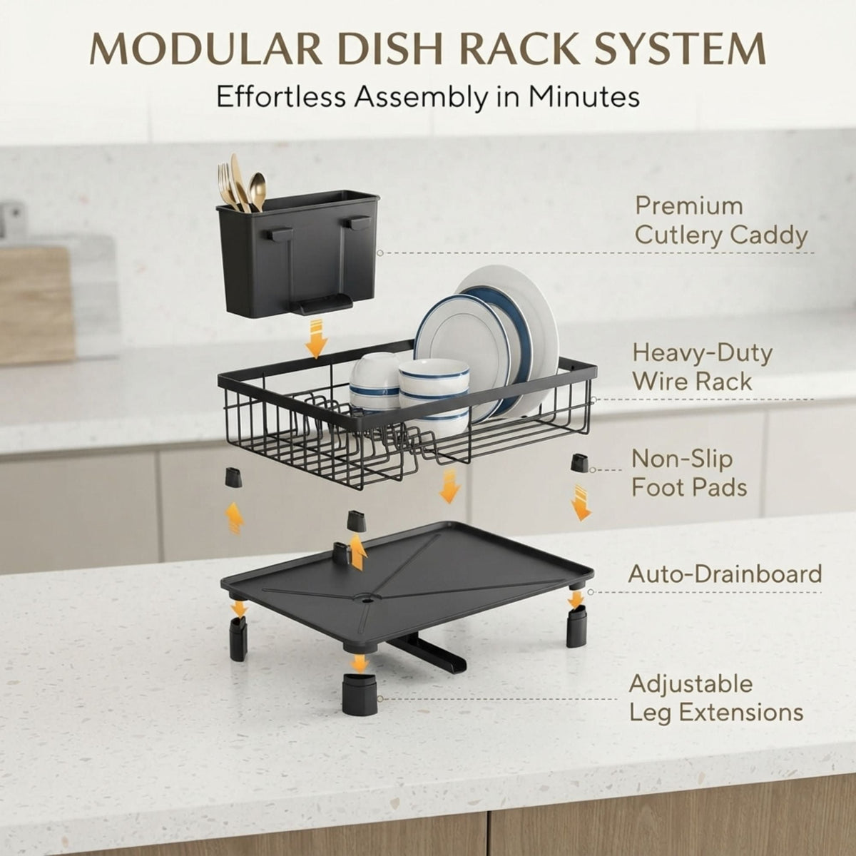 Dish Drying Rack with Drainboard and Utensil Holder - Black