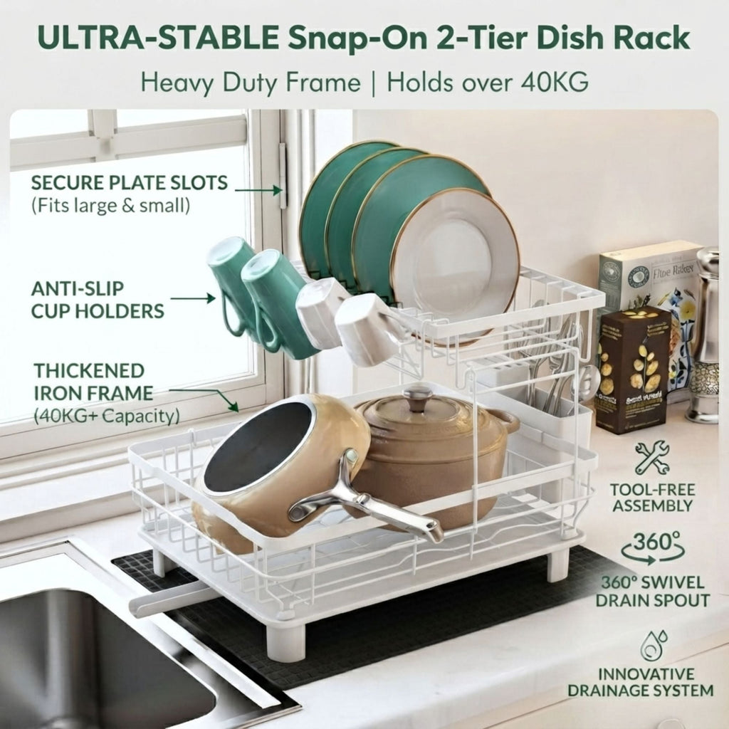 2 Tier Dish Drying Rack with Drainboard & Utensil Holder - White