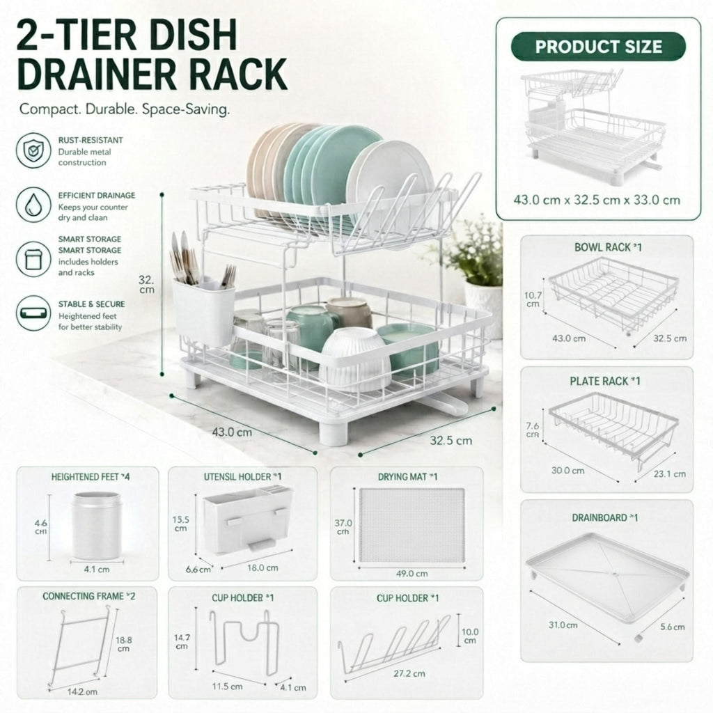 2 Tier Dish Drying Rack with Drainboard & Utensil Holder - White