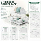2 Tier Dish Drying Rack with Drainboard & Utensil Holder - White