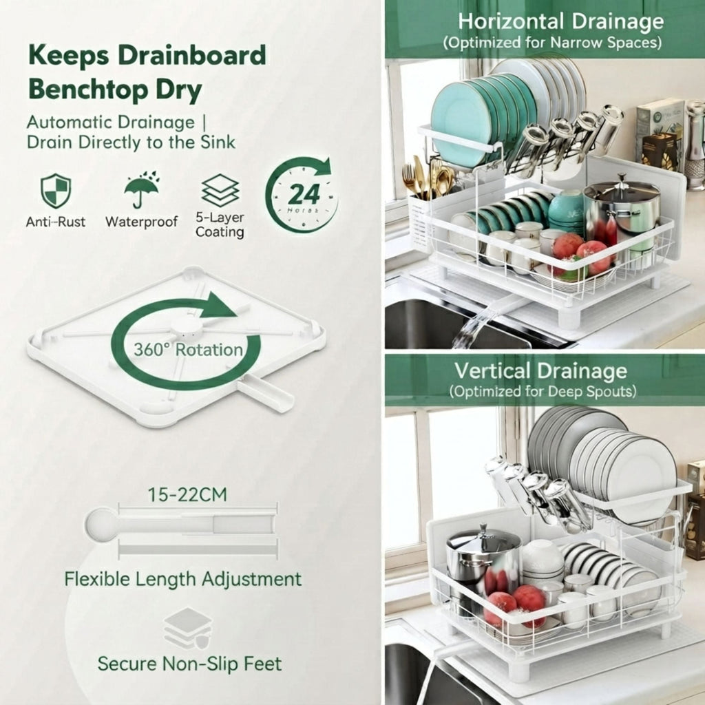 2 Tier Dish Drying Rack with Drainboard & Utensil Holder - White