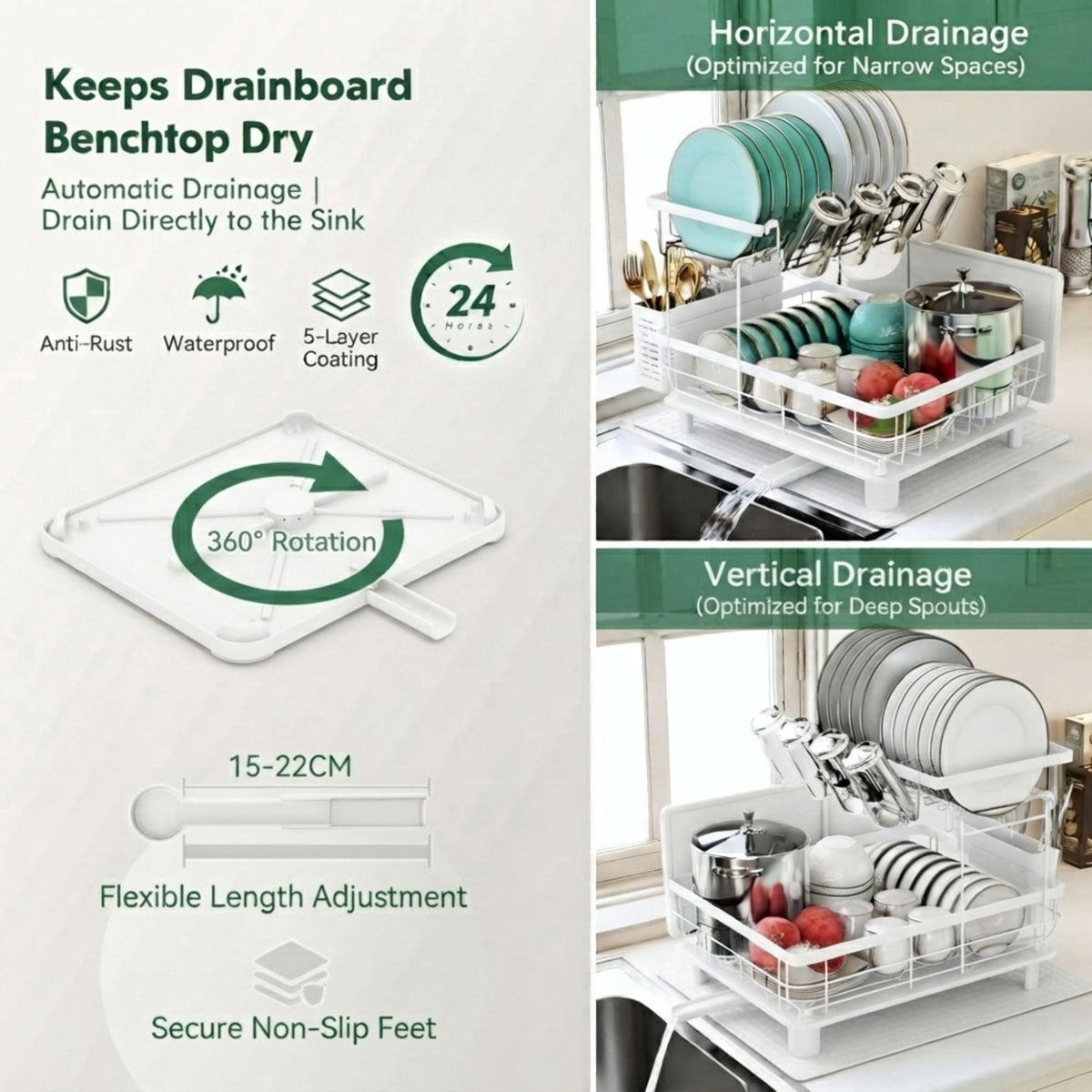 2 Tier Dish Drying Rack with Drainboard & Utensil Holder - White