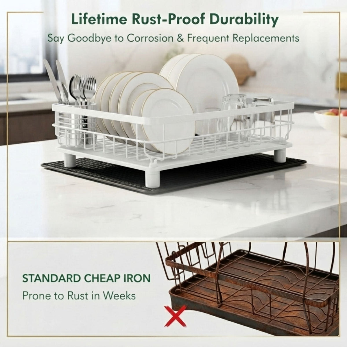 2 Tier Dish Drying Rack with Drainboard & Utensil Holder - White