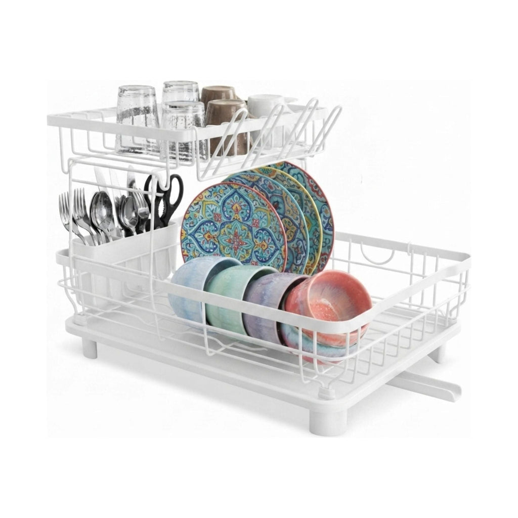 2 Tier Dish Drying Rack with Drainboard & Utensil Holder - White