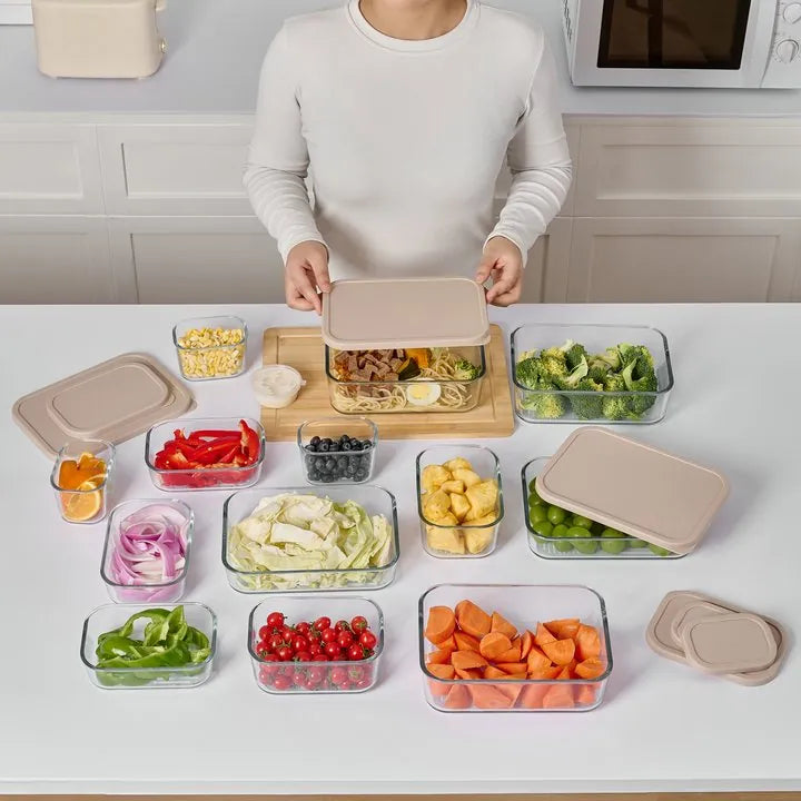 Container Culture 12-Piece Airtight Glass Food Storage Set with Lids, 25.35oz & 40.57oz Mixed Sizes - Cashew Cream