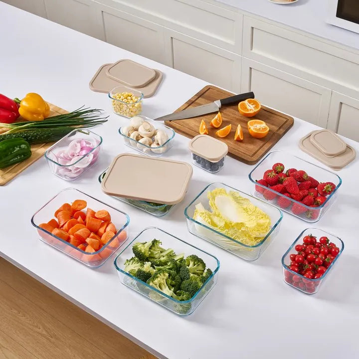 Container Culture 12-Piece Airtight Glass Food Storage Set with Lids, 25.35oz & 40.57oz Mixed Sizes - Cashew Cream