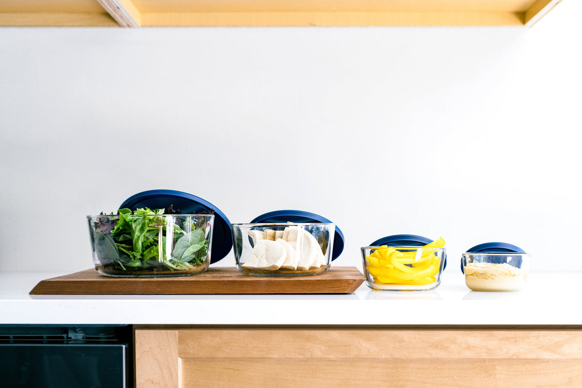 8 Piece Set (4 Containers + 4 Lids) Round Nesting Glass Storage Containers, Blue