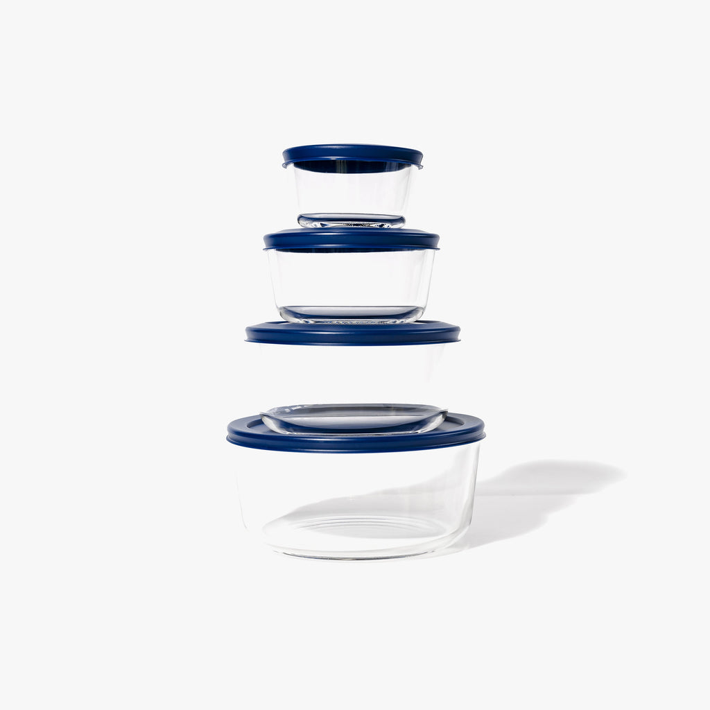 8 Piece Set (4 Containers + 4 Lids) Round Nesting Glass Storage Containers, Blue