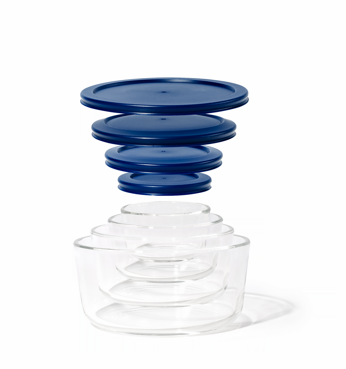 8 Piece Set (4 Containers + 4 Lids) Round Nesting Glass Storage Containers, Blue