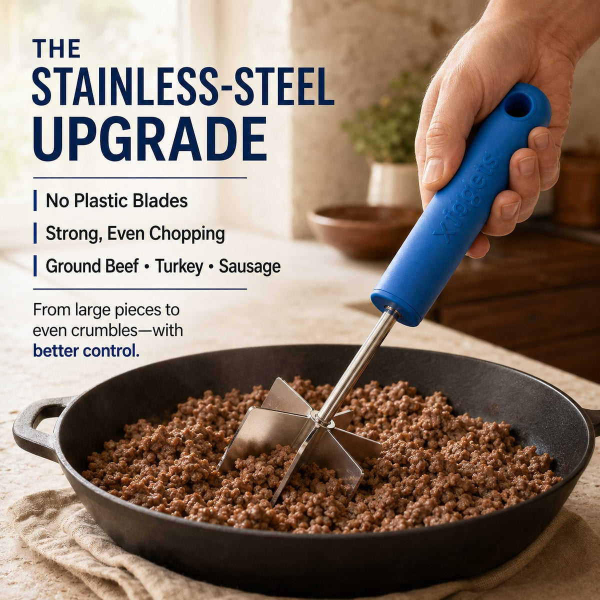 Stainless steel meat chopper breaking up ground beef in a cast iron skillet