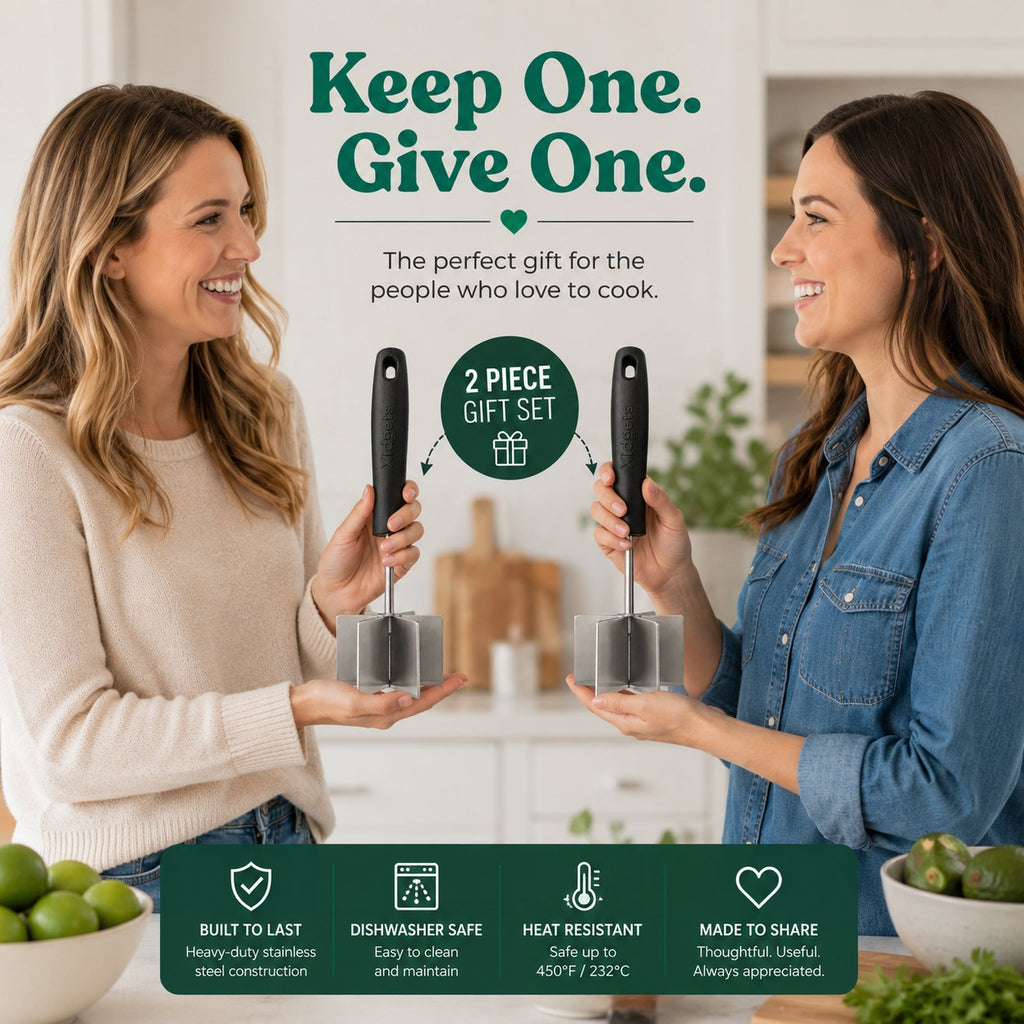 Keep one, give one: two-piece stainless steel masher gift set, dishwasher safe and heat resistant to 450°F