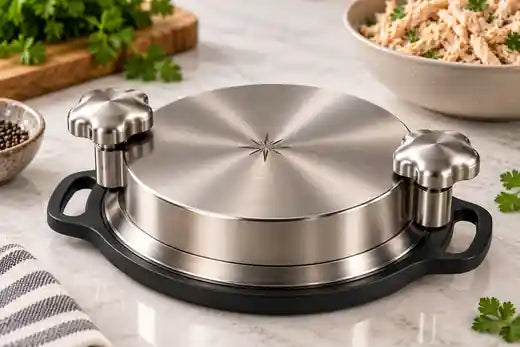 A stainless steel kitchen tool with two knobs on a black base, on a marble counter beside a bowl of shredded chicken
